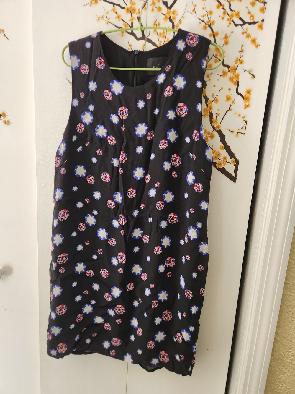 Nicole Miller Black Midi Dress with Blue & Pink Dot Motif